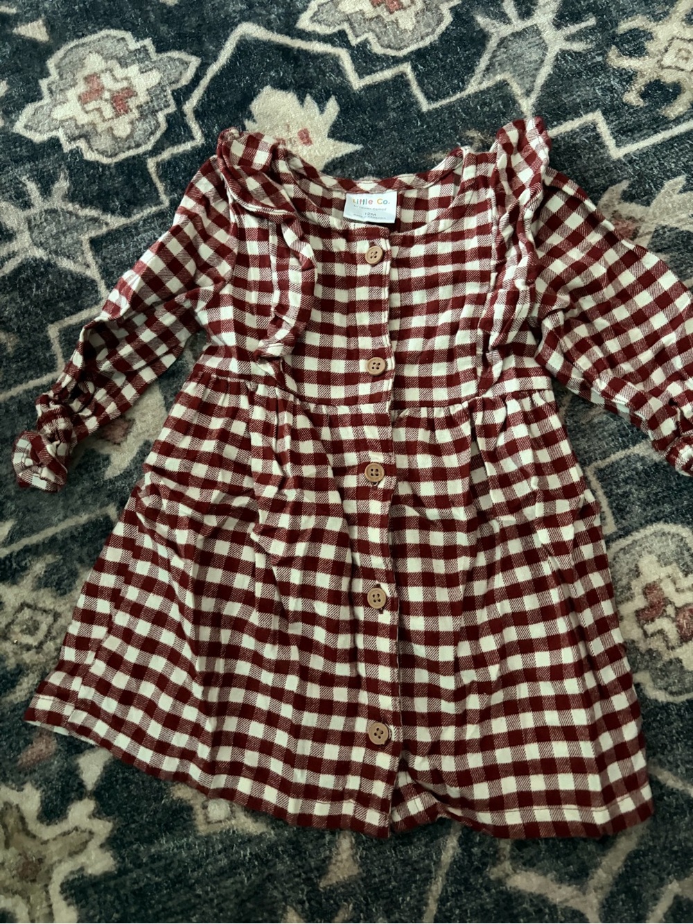 Mini Co. Girls' Burgundy and White Gingham Button Dress